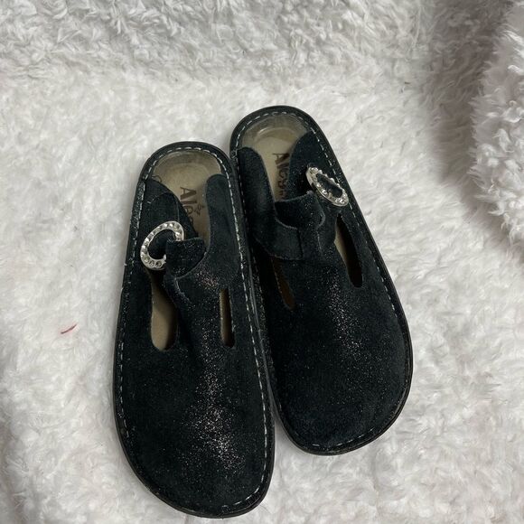 Alegria Paloma leather black glittery suede mules with side buckle  SZ 37 - Picture 3 of 10